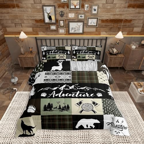Castle Fairy Rustic Farmhouse Comforter Set Queen Size,Bear Deer Wolf Wild Animals Patchwork Bedding Set for Women Adult,Cabin Decor Exotic Aztec Boho Luxury Bed Duvet Insert, 2 Pillowcases