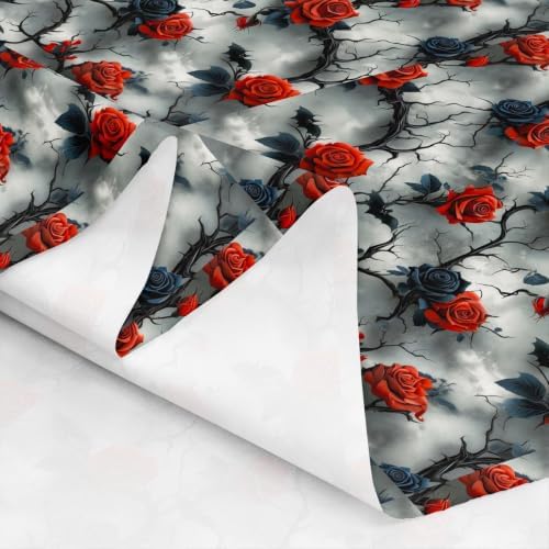 Gothic Blue Red Rose Upholstery Fabric for Chairs Tree Branches and Vines Floral DIY Fabric by The Yard for Craft Lovers 72"x63", Goth Vintage Flowers Halloween Bats Quilting Fabric