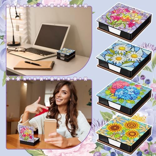 Saillong Flower Theme 4 Pcs Diamond Painting Note Box Kit Sticky Note Holders