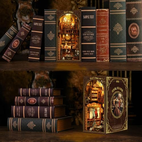 Book Nook Corner mini House Set, DIY Royal Tailor's mini Light and Shadow Book Stand Set, and 3D Wooden Puzzle Bookshelf with LED Lights for Plug-in Decoration, Suitable for Teenager.