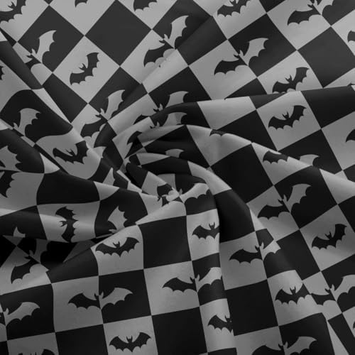Halloween Bats Fabric by The Yard Cartoon Animal Silhouette No Stretch Fabric for Sewing Supplies Black Grey Checkered Soft Durable Polyester for Home DIY Projects 5 Yards Bolt,180" L x 59" W
