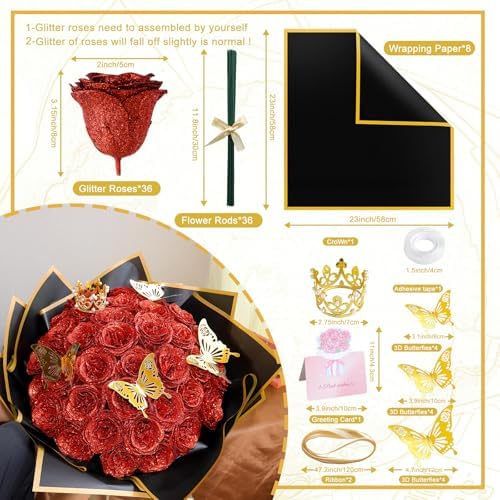 CCYXSHOW 36 Pack DIY Glitter Roses Bouquet Artificial Rose with Stems Red