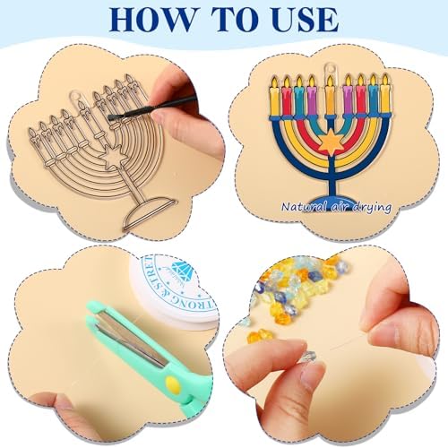 Dunzoom 30 Set Hanukkah Craft Kit Chanukah Suncatchers Kits Window Art Menorah Dreidel DIY Make Your Own Paint Suncatcher Ornaments for Jewish Hanukkah Art Craft Activity