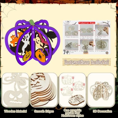 Yalikop 72 Pcs Halloween Kids Wood Crafts, 4.7 x 4 in, Ghost Pumpkin Cat