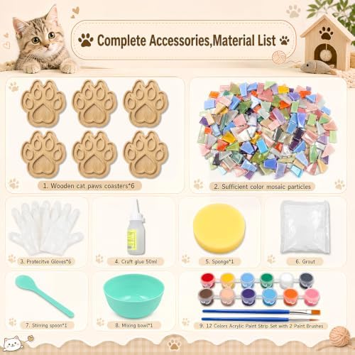 luperasol 6PCS DIY Cat Paw Mosaic Tiles, Mixed Color Mosaic Coaster Kit