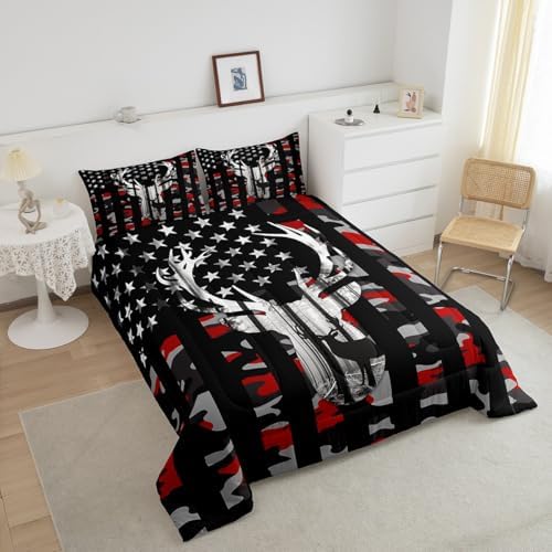 Camo American Flag Full Size Comforter Sets for Kids,Deer Antlers Red Camouflage Bedding Flags for Room Teens,Wild Animal Hunting Farm Branches Leaves Stars Stripes USA Flag Down Comforter