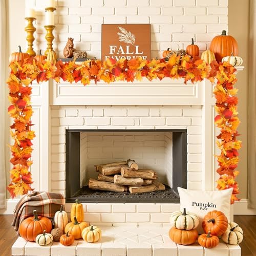 Joyhalo Fall Garland Autumn Leaf Garland Outdoor Fall Porch Decor, 2 Pack