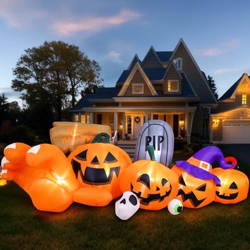Garma 9.2 Ft Halloween Inflatables Outdoor Decorations, Long Inflatable Blow Ups Yard Decoration Pumpkin with Build-in LEDs, Gravestone and Witch Hat for Halloween Party Indoor, Lawn, Garden Decor