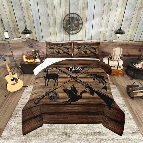 Retro Hunt Fish Comforter Set Full Size,Retro Farm Wooden Board Bedding Comforters Room Decor,Deer Bird Fish Animal Hunting Quilt Set with 2 Pillowcases,Teens Present