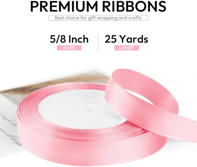 5/8 Inch 25 Yards Satin Ribbon Light Pink, Solid Color Fabric Ribbon - Image 2