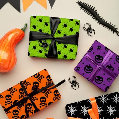JarThenaAMCS 60Pcs Halloween Fabric Squares Pumpkin Black Cat Ghost Witch Cotton Fabric Bundles Small Green Purple Black Orange Sewing Fabrics for DIY Sewing Craft Decor