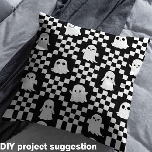 Feelyou Happy Halloween Soft Flannel Fabric by The Yard Kids 10 Yards Cute Checkered Ghost Upholstery Fabric Black White Checkerboard Plaid Trick or Treat for Home DIY Projects, Indoor Decor