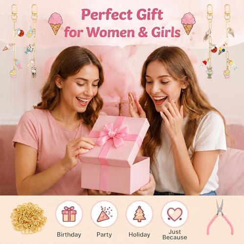 Tondiamo 266 Pcs Ice Cream Party Favor DIY Keychain Making Kit Summer Party Charm Jewelry Making Craft with 120 Charm 20 Keychain Clips 120 Jump Ring 25 Extender Chain Plier for Women Gift