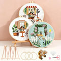 Qupace 3 Pcs Farmhouse Kits for Woman,Beginner Embroidery Kits for Adults,Garden Balcony Scene Pattern Cross Stitch, Green Themed Needlework Sewing Craft Kit