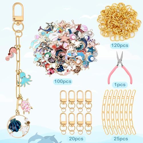 Tondiamo 266 Pcs Ocean Keychain Making Kit Summer DIY Keychain Craft Gift