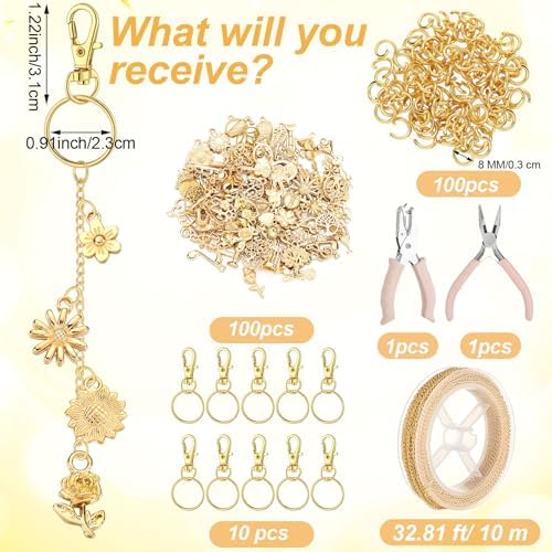 VioraWhite 213 Pcs Gold Keychain Making Kit Summer Bag Charm Kit Lip Gloss Keychain 100 Enamel Charms 32.81 ft Gold Chains for DIY Crafts Women