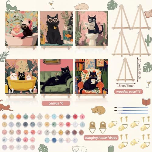 YooNotee 6 Pack Black Cat Paint by Numbers Kit on Canvas with Wooden Easels & Brushes, 8x8 Inch Black Cat Adult Paint by Number Kits on Canvas Framed, DIY Number Paintings for Adults for Wall