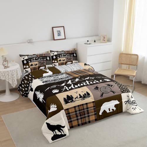 Castle Fairy Hunting Adventure Comforter Set Queen Size,Deer Bear Wolf Rustic Farmhouse Bedding Set for Women Adult,Exotic Aztec Boho Tribal Brown Check Luxury Bed Duvet Insert, 2 Pillowcases