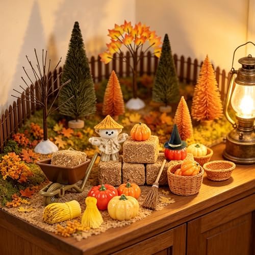 33 PCS Mini Fall Figurines Thanksgiving Resin Figurines Autumn Tiny Resin Farm Miniature Include Trees Pumpkins Scarecrow Wheelbarrow Ears of Wheat Basket Fence for Harvest Home Table Decorations