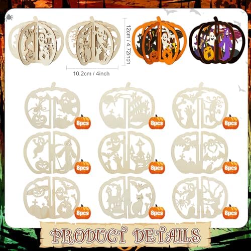 Yalikop 72 Pcs Halloween Kids Wood Crafts, 4.7 x 4 in, Ghost Pumpkin Cat