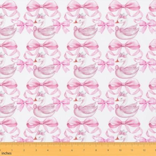 Pink Bow Upholstery Fabric for Chairs | Kawaii White Swan Outdoor Fabric by The Yard 36"x63", Cute Ribbon Bowknot Dreamy Princess Style Bow Tie Landscape Fabric
