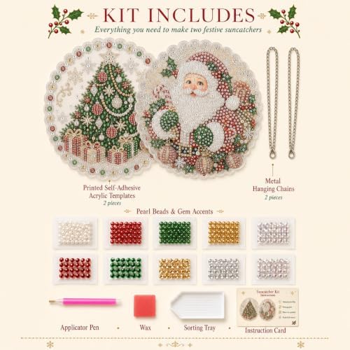 2 PCS Christmas Pearl Diamond Painting Suncatcher Kit, DIY Craft (#A, 8in)