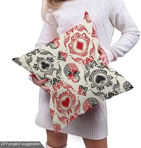 Lunarable Skull Fabric by The Yard, Playing Card Themed Skeleton Head Ace of Spades Diamonds Hearts Victorian, Decorative Fabric for Upholstery and Home Accents, 1 Yard, Vermilion Black