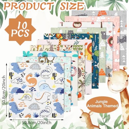 Hahafelt 10 Pcs Jungle Animals Quilting Fabric Bundles 20 x 20 Inch