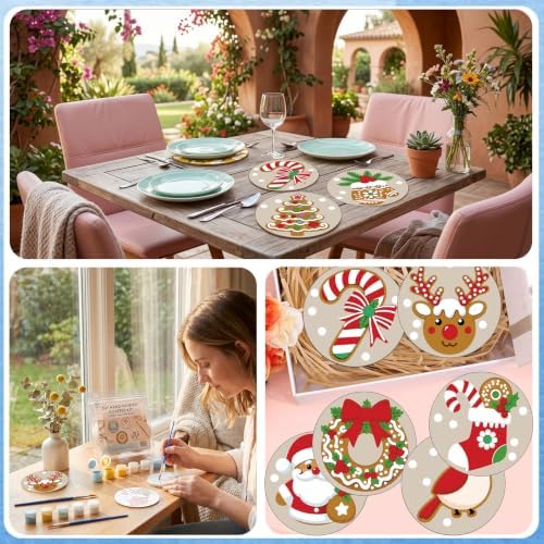 8 Pack Christmas Paint by Number Kits Coasters with Holder Cork Pads