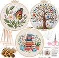 Qupace 3 Pcs Tree Embroidery Kits for Beginners Adults - Cross Stitch Sewing Craft Set with 3 Embroidery Hoops & 3 Finished Stands,Book Needlework Kit