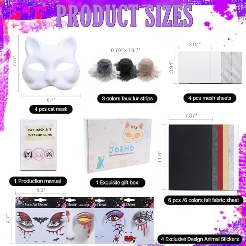 J6&H6 22 Pcs DIY Therian Mask Kit with Exclusive Funny Stickers, Blank Cat Mask,Felt Fabric Sheet, Faux Fur and Eye Mesh Suitable for Christmas Role-Playing Parties