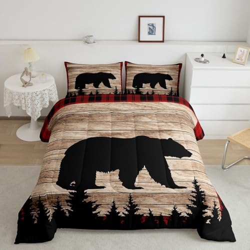 Kids Bear Silhouette Bedding Comforters King Size,Wildlife Animal Trees Print Comforter Set for Children Xmas Gift,Red Black Plaid Retro Board Quilt Bedroom, 2 Pillowcases King 104''x90''