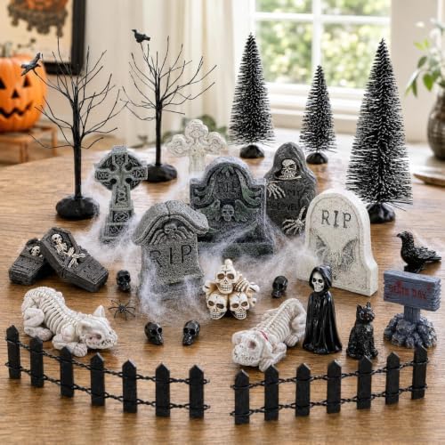 YLOLUL 48 Pcs Fluorescent Halloween Village Accessories Miniature All Saints' Day Figurines Glow in The Dark Mini Tombstones Skeleton Tiny Trees for Halloween Town Decorations Party Table Decor
