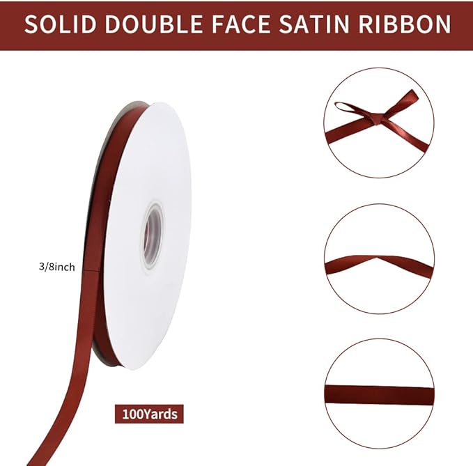 TONIFUL 3/8 Inch x 100yds Rust Satin Ribbon Thin Solid Fabric Ribbons Roll - Image 2