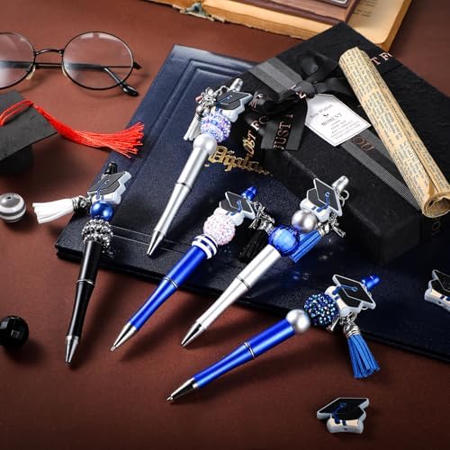 Jutom 12 Pcs Graduation Beadable Pens with 50 Pcs Focal Beads 12 Tassels 12 Cap Pendants DIY Making Kit for Office Gift