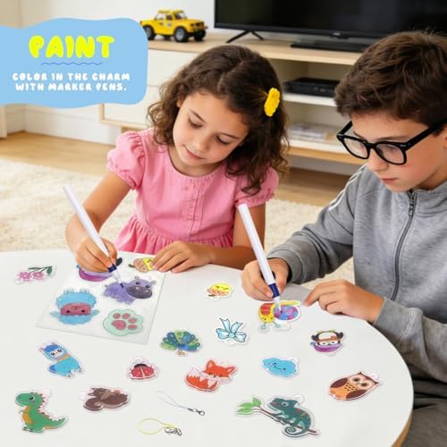 Yrinfay DIY Animals Shrinking Plastic Art Kit - 42 Pre-Cut Shapes, 12 Markers & Accessories - Make Charms, Keychains & Tags - No-Mess Craft for Kids - Birthday Gift with Shrinking Plastic Sheets
