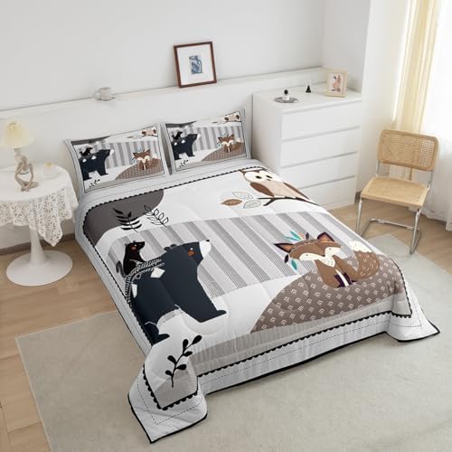 Castle Fairy Cartoon Animal Twin Size Comforter Set,Cute Bear Owl Fox and Plant Duvet Set for Kids Boys Bedroom,Exotic Indian Style Soft Microfiber Bedding Comforters,2 Pcs