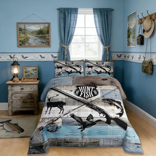 Hunt Fish Comforter Set Twin Size,Deer Bird Fish Animal Hunting Quilt Set for Kids Boys Bedroom Gift,Rustic Retro Wooden Board Polyester Bedding Set with 1 Pillowcase,2Pcs