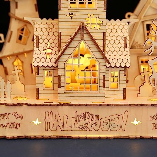 3D Wooden Halloween Haunted House Puzzles, Wood Creative Glow in The Dark Haunted House Puzzle, Assembly Model Building Kits to Build for Adults, Halloween Decor Model Kits