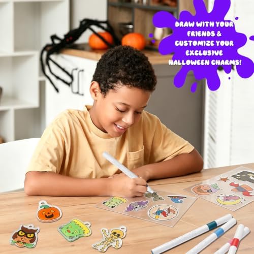 Yrinfay DIY Halloween Shrinking Plastic Art Kit - 44 Pre-Cut Shapes, 12 Markers & Accessories - Make Charms, Keychains & Tags - No-Mess Craft for Kids - Birthday Gift with Shrinking Plastic Sheets