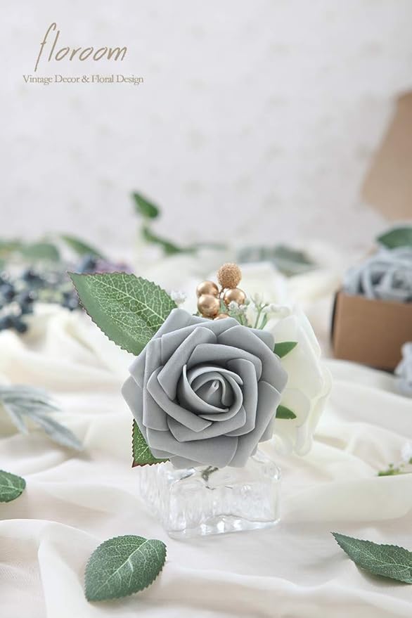 Floroom Artificial Flowers 25pcs Real Looking Silver Grey Foam Fake Roses - Image 5