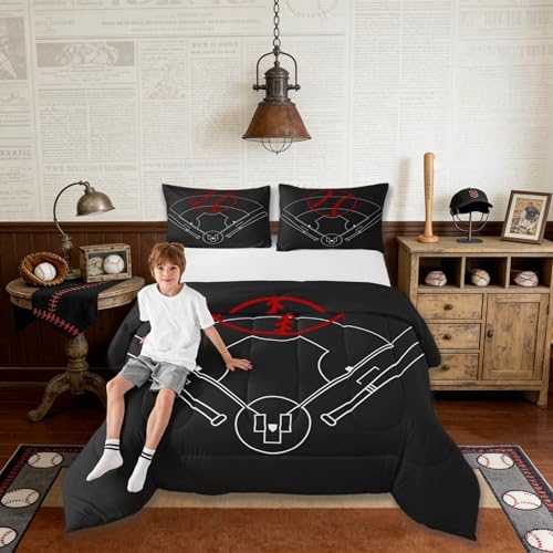 Baseball Field Print Bedding Comforters Queen Size,Boys Ball Sports Games Themed Comforter Set with 2 Pillowcases,Red Baseball Bat Sporting Equipment 3pcs Children Adult Polyester Duvet Set