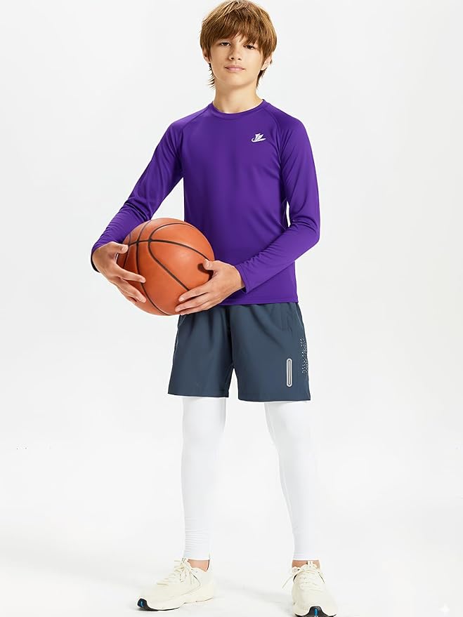 DEVOROPA Youth Boys Compression Shirt Long/Short Sleeve Football Baseball Undershirt Quick Dry Kids Sports Baselayer Crewneck