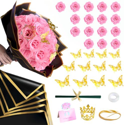 Light Pink Glitter Flowers Bouquet, Fake Roses Bouquet 16 Pcs DIY Glitter Rose Bouquet Kits Birthday Gifts for Women Mom Mother's Day Anniversary Graduation