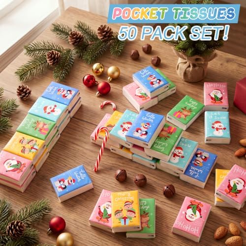 Outus 50 Pack Cute Character Christmas Travle Size Pocket Tissues Bulk