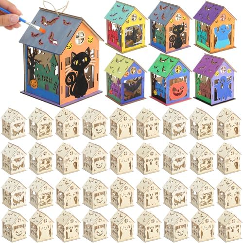 DoubleFill 36 Set Halloween Bird House Kits, Wooden House Crafts and Arts