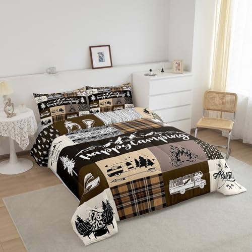 Castle Fairy Camper Patchwork Comforter Set Twin Size,Happy Camping Cabin Hunting Adventure Bedding Set for Kids Boys Men,Travel Trailers Decor Boho Aztec Exotic Quilted Duvet Set with 1 Pillowcase
