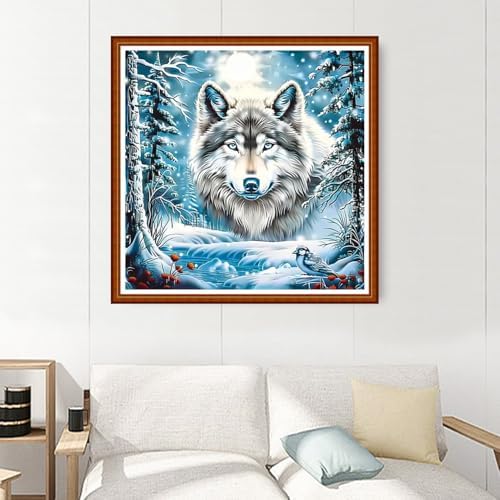Joyhoor Stamped Cross Stitch Kits for Beginners Needlepoint Kits for Adults Embroidery Kits 11CT Counted Cross Stitch Kits Printed Embroidery Pattern-Abstract Wolf Snow Scene 18x18 inchs