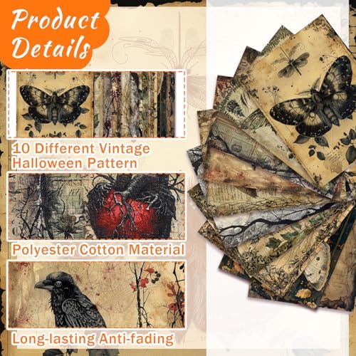 Hahafelt 10 Pcs 18"x22" Vintage Halloween Fat Quarters Gothic Fabric Bundle