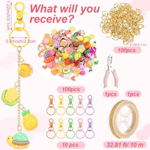 VioraWhite 213 Pcs Keychain Making Kit Bag Charm Kit Cute Lip Gloss Keychain 100 Pink Enamel Charms 32.81 ft Gold Chains for DIY Crafts Women